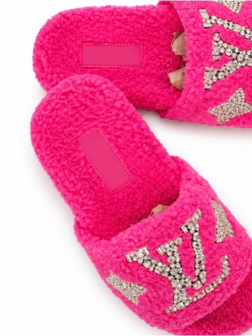 Women's Hot Pink Crystal Embellished Sherpa Slide Slippers - Picture 2 of 3